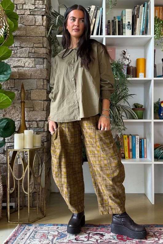 Heritage Needlecord Plaid Relaxed Barrel Pant Mucky Olive & Camel